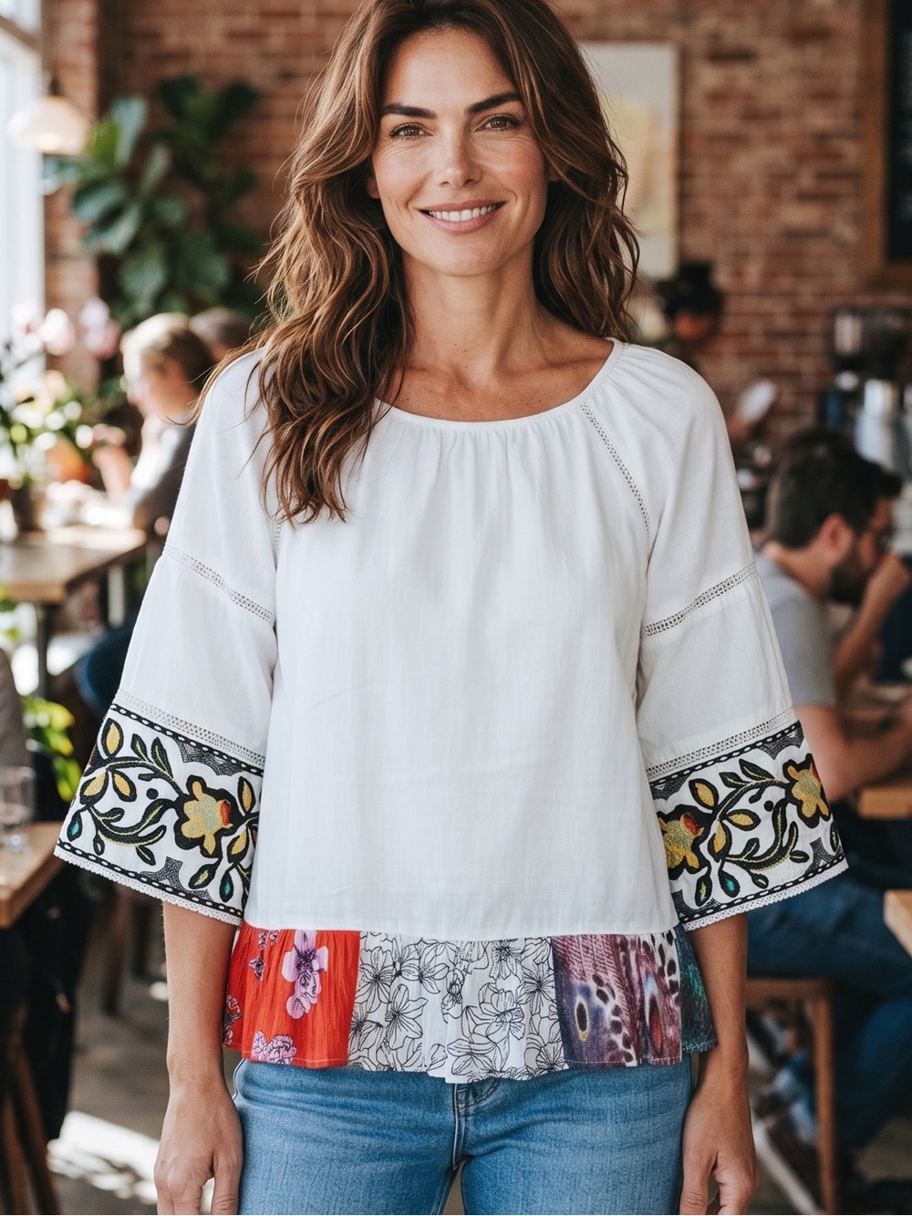 John Mark White Linen Boho-Styled 3/4 Sleeve Peasant Blouse Size Large